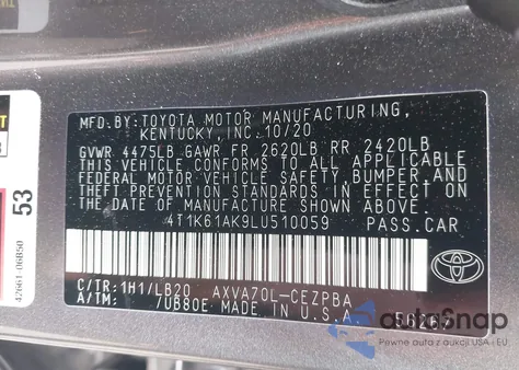 2020 Toyota Camry Xse z USA, uszkodzony, nr VIN 4T1K61AK9LU510059
